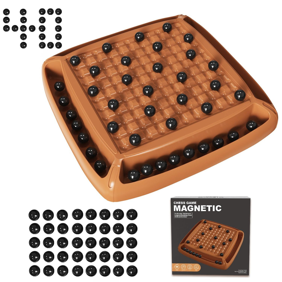 Hcusus Magnet Game Chess on a brown board with 40 magnets for family play.