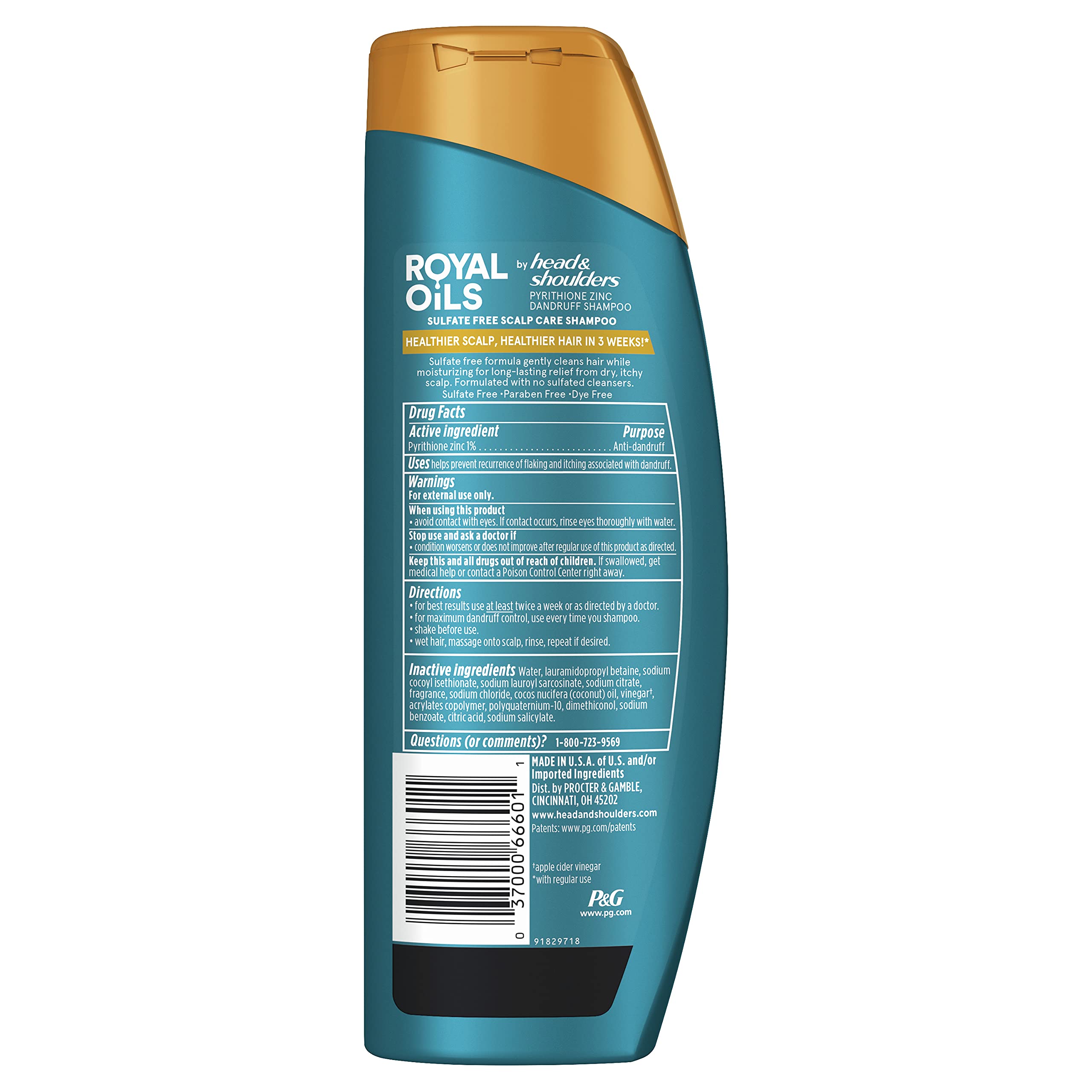 Head & Shoulders anti-dandruff shampoo close-up emphasizes dye-free, paraben-free care.