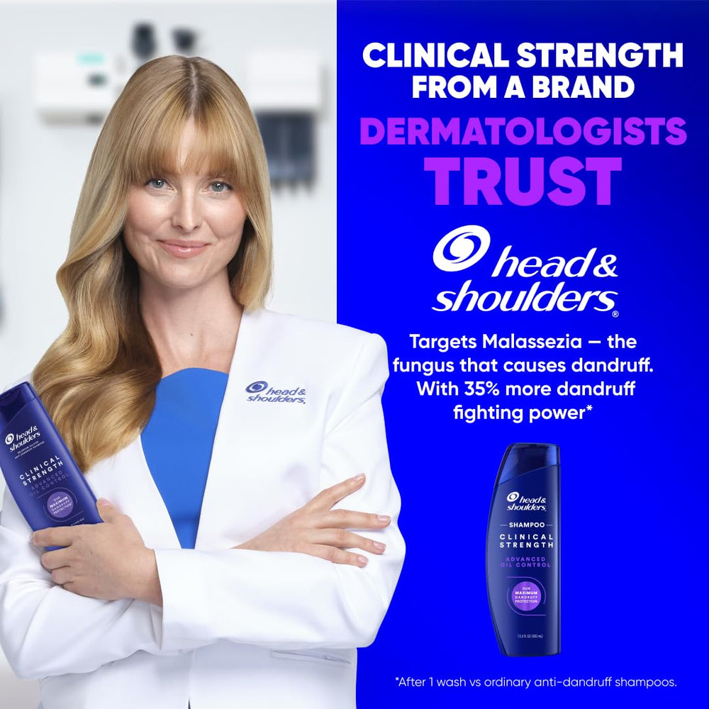 Head & Shoulders Clinical Strength flakes visible to demonstrate dandruff reduction potential.