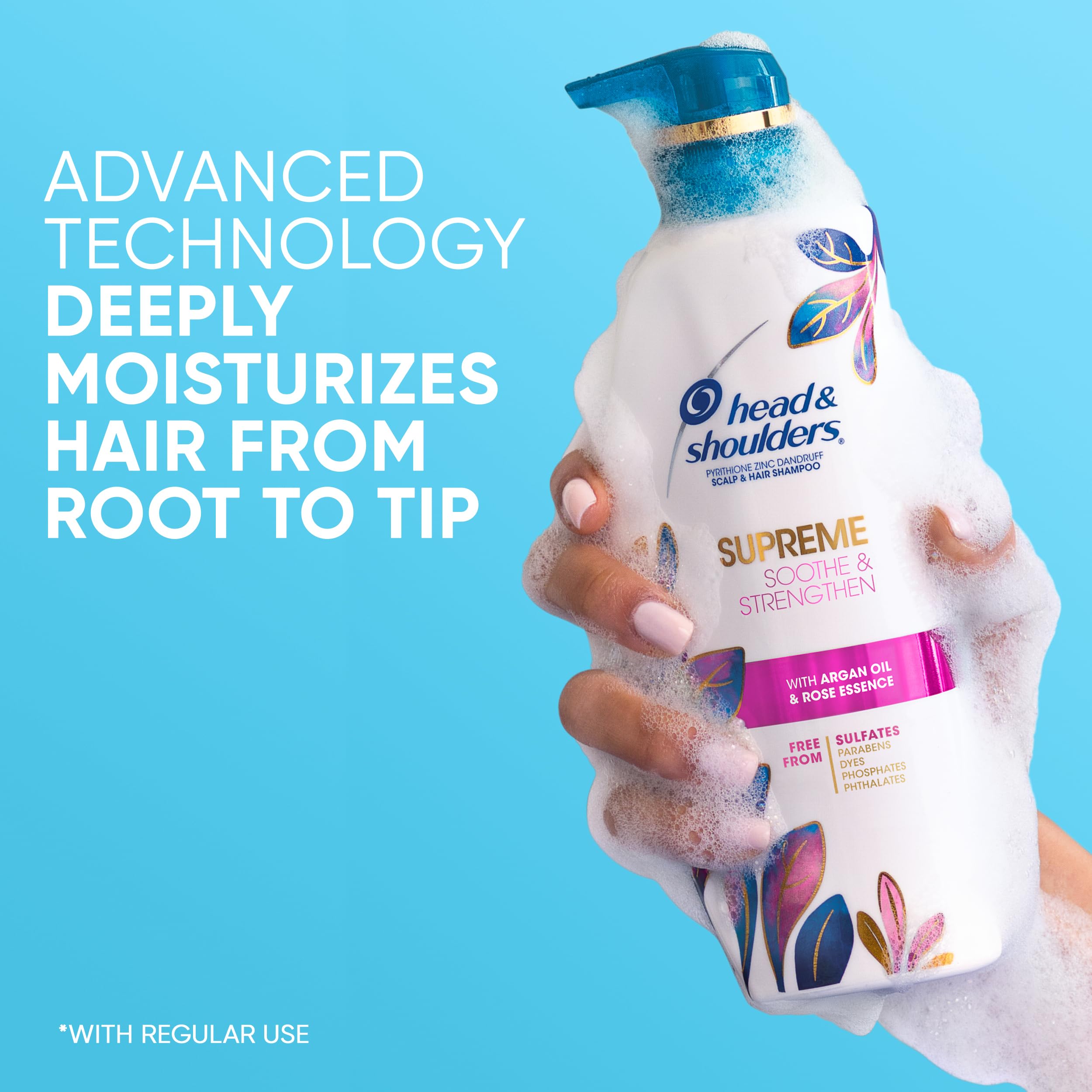 Pouring shampoo from Head & Shoulders Supreme bottle during daily routine.