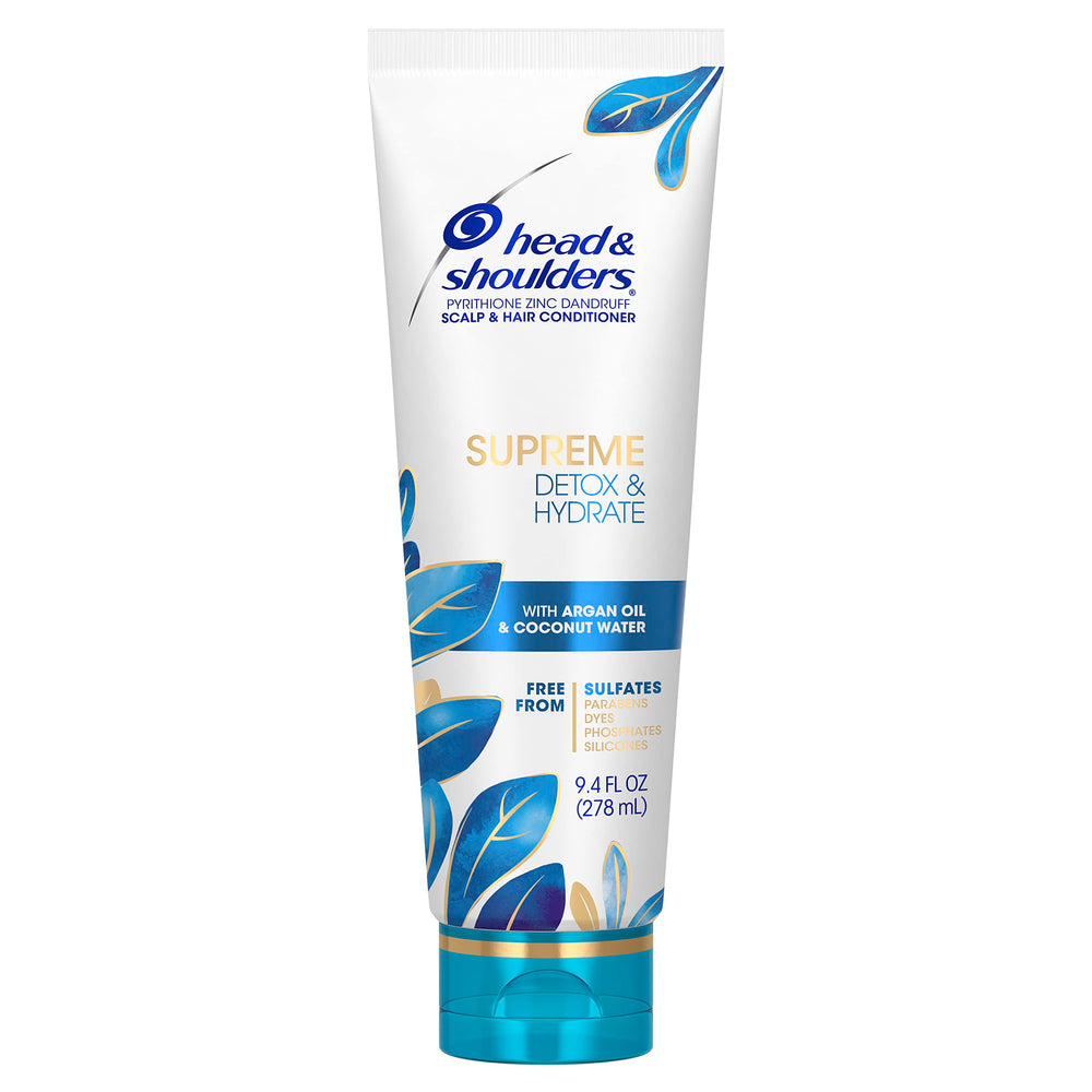 Head & Shoulders Supreme Detox & Hydrate label highlights coconut water and argan oil
