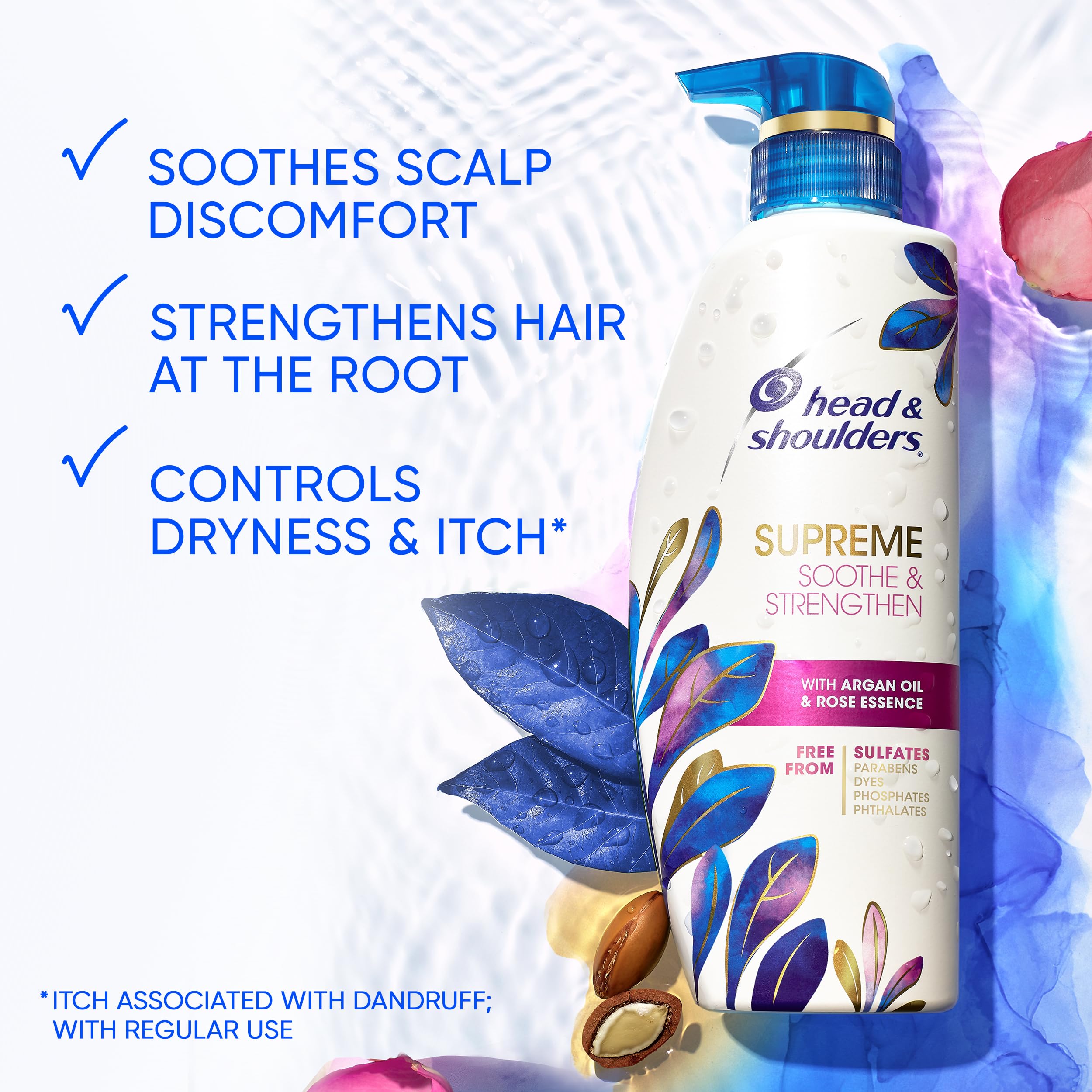 Drop of argan oil and rose essence on Head & Shoulders Supreme bottle, suggesting nourishment.