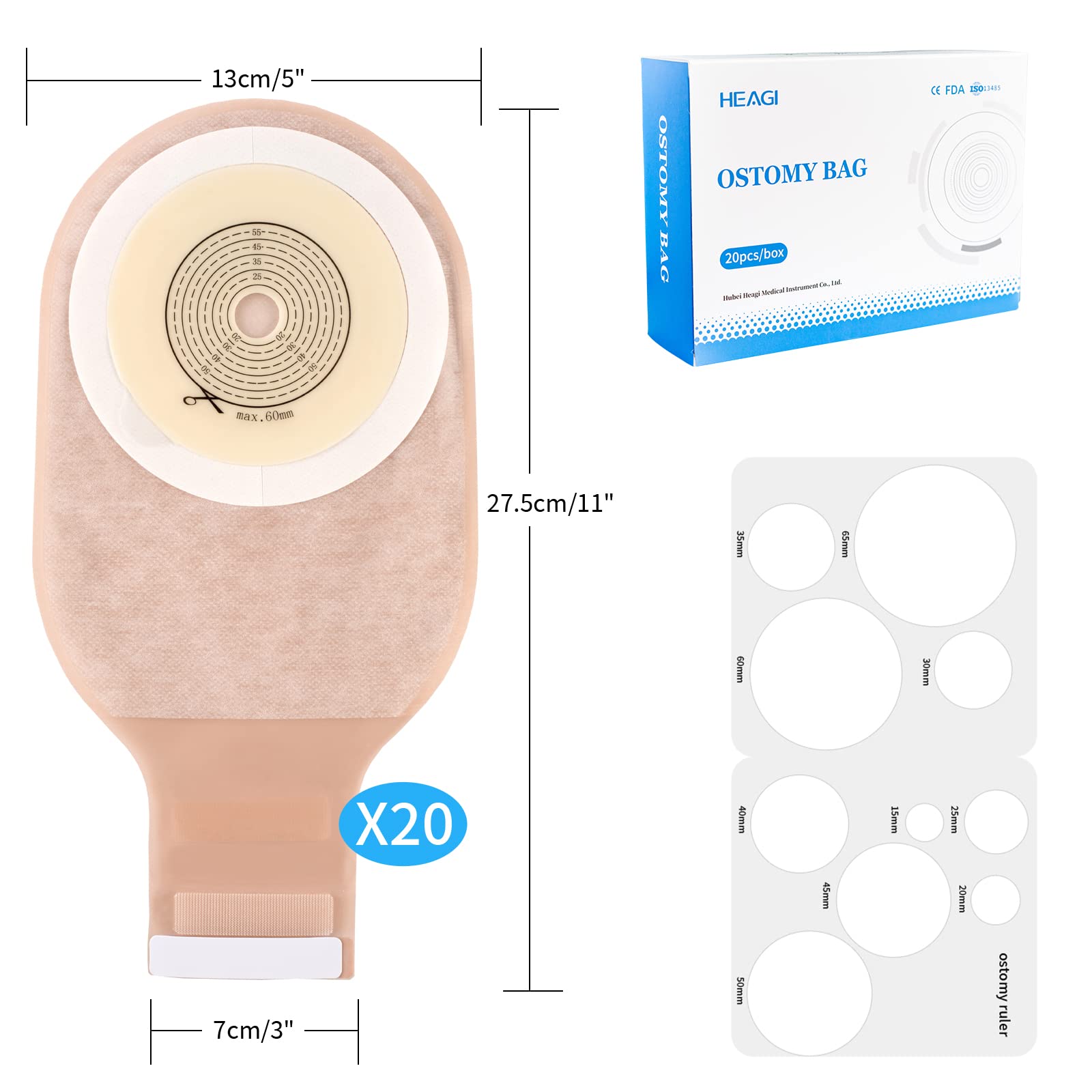 Heagimed ostomy bag contents include 20 bags and guide.