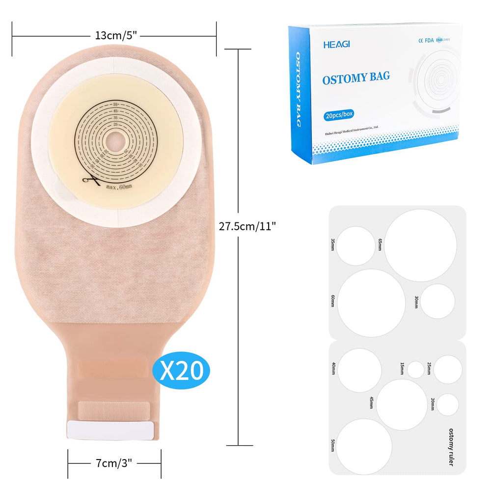 Heagimed ostomy bag contents include 20 bags and guide.