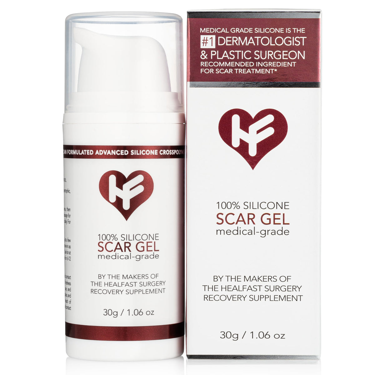 HealFast silicone scar gel bottle pour shows medical-grade formula for post-surgery scar care