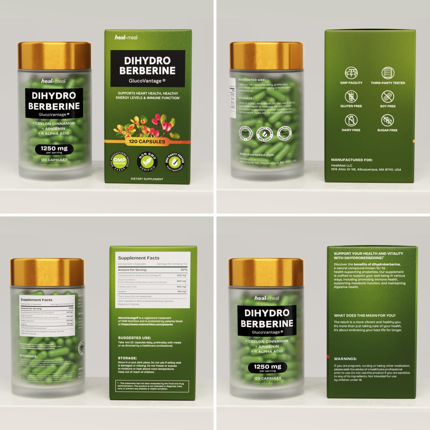 HealMeal Dihydroberberine box shows 120 capsules and long shelf life.
