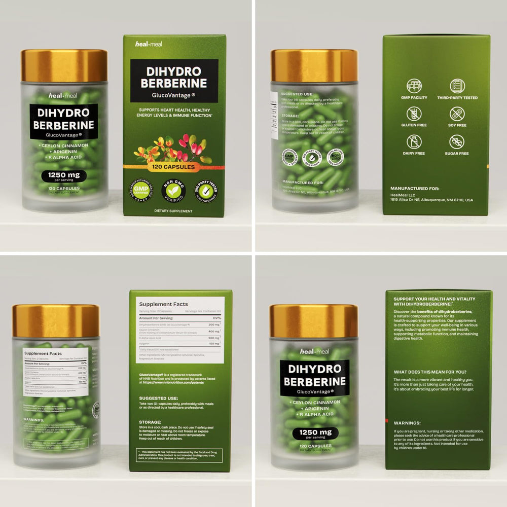 HealMeal Dihydroberberine box shows 120 capsules and long shelf life.