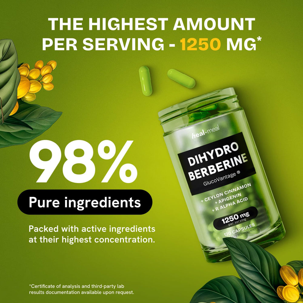 HealMeal Dihydroberberine capsules shown for easy swallowing and daily convenience.