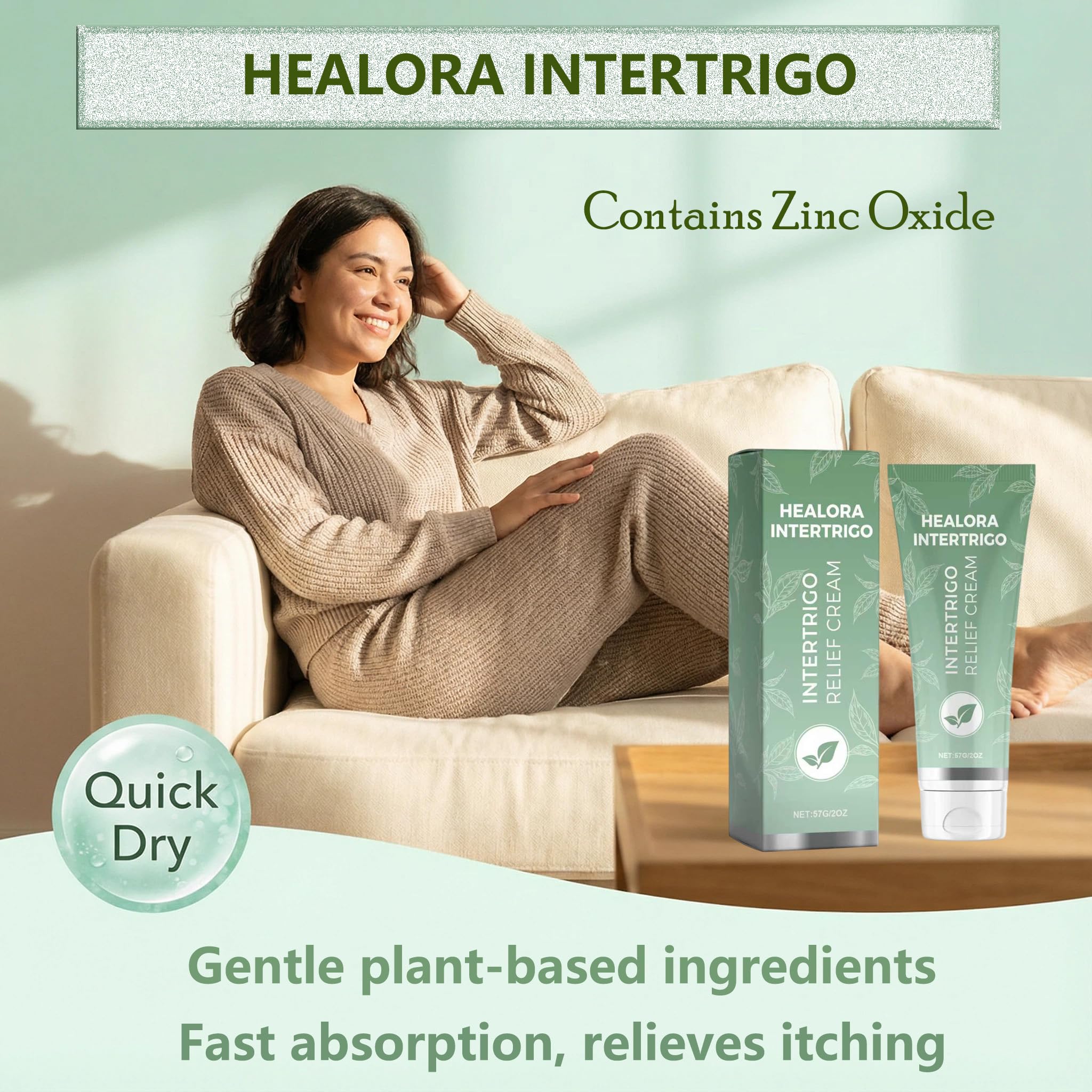 Healora Intertrigo Cream application under-breasts area showing soothing care.