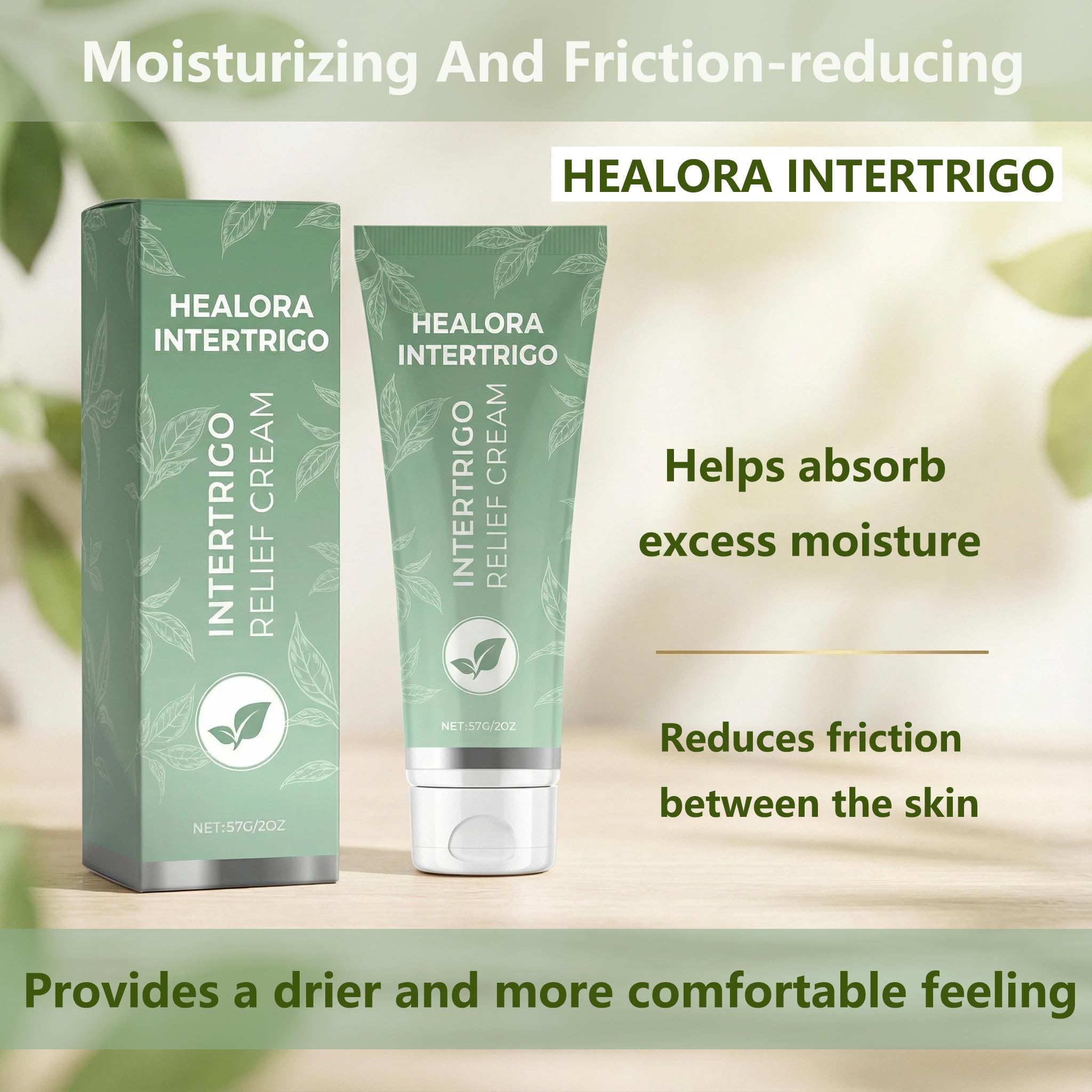 Healora Intertrigo Cream inner-thigh application emphasizes moisture-prone comfort.