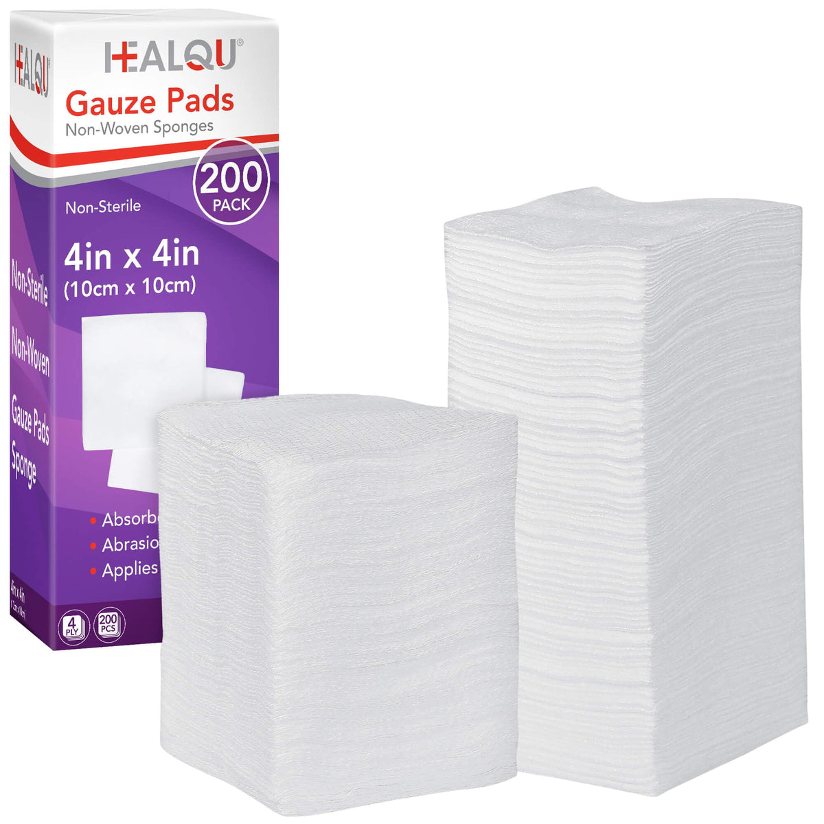 Healqu 4x4 gauze pads box 200 for quick coverage and high absorbency.