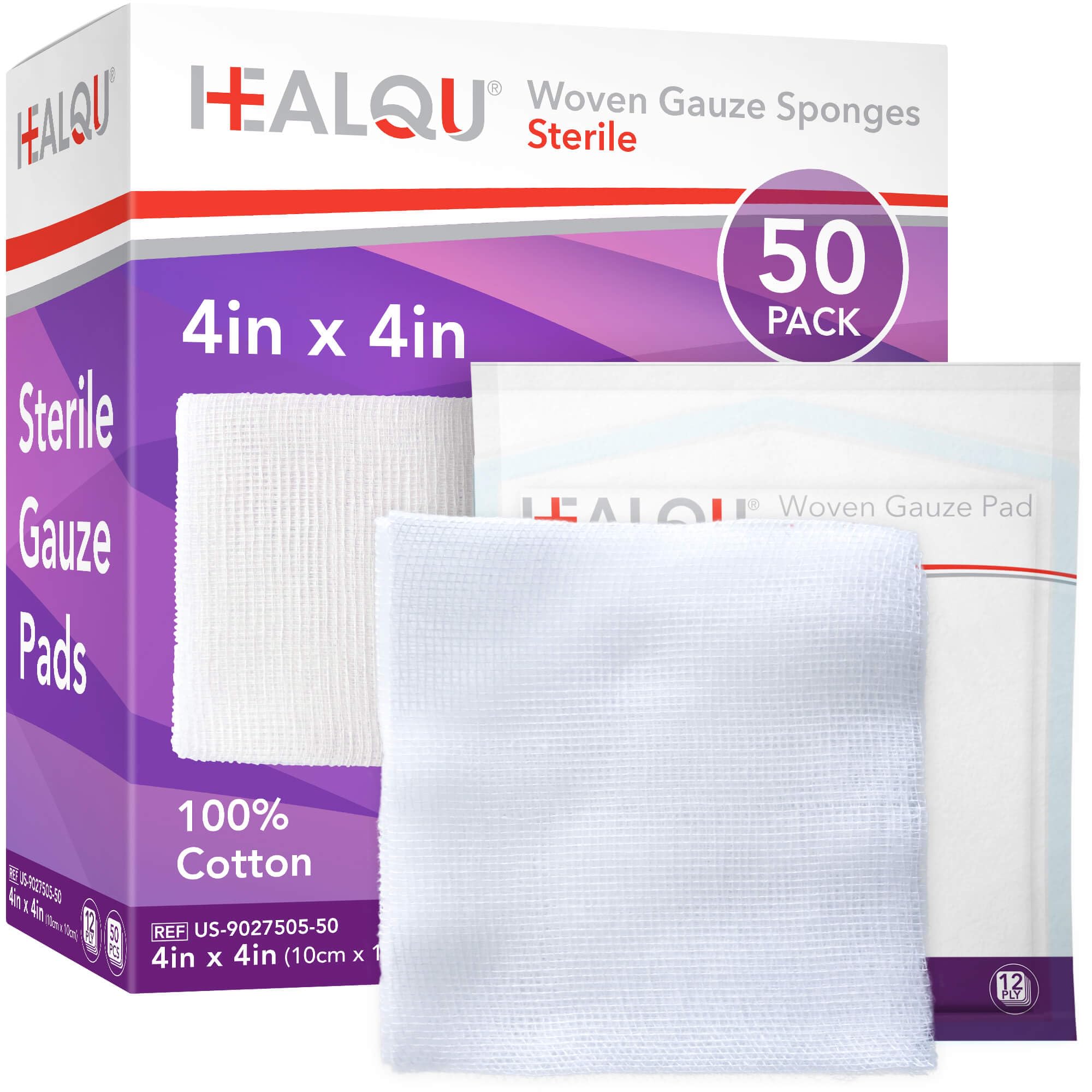 HEALQU 4x4 large sterile gauze pads for safe wound care and absorption.