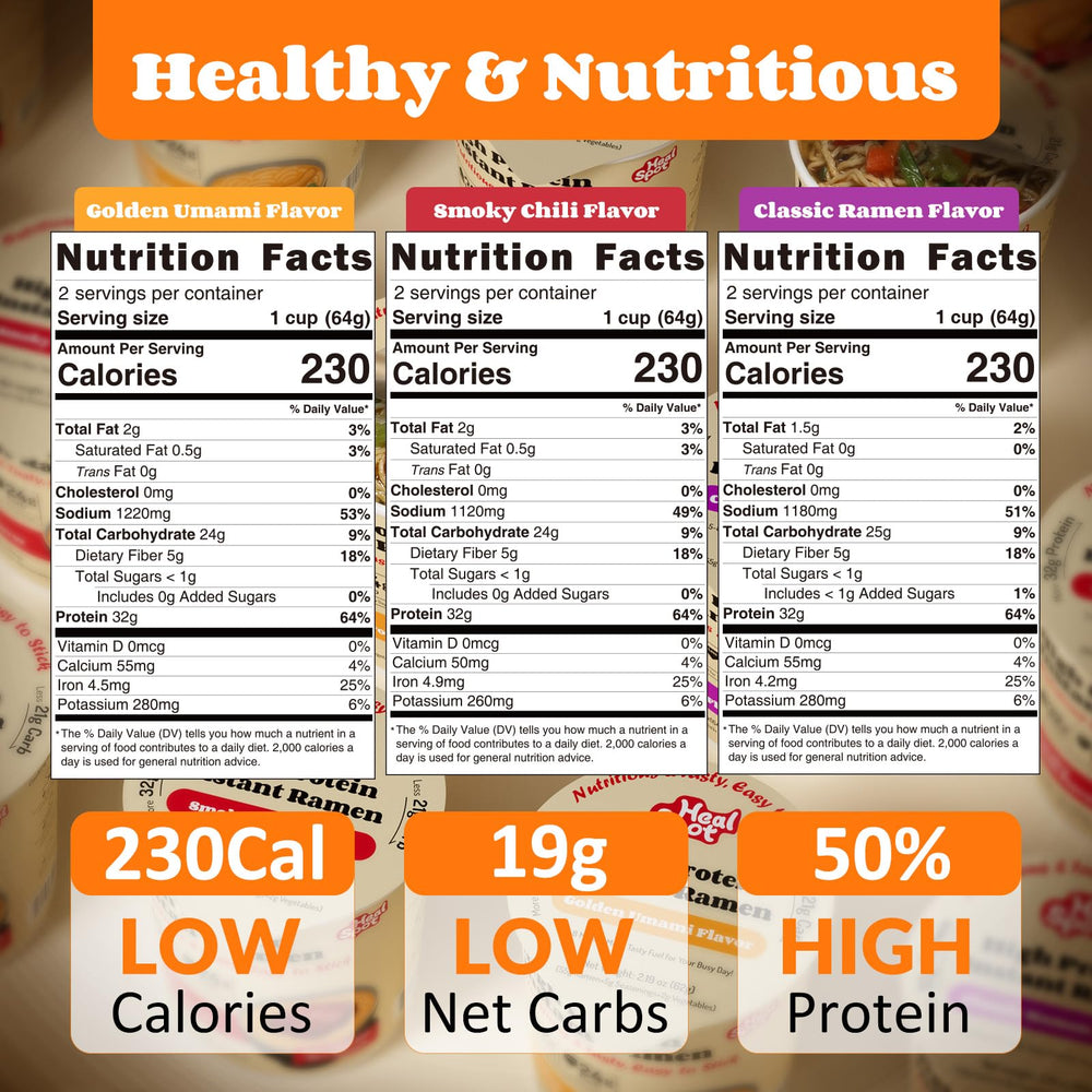 Healspot high-protein ramen golden-chicken-broth close-up shows rich flavor in minutes.