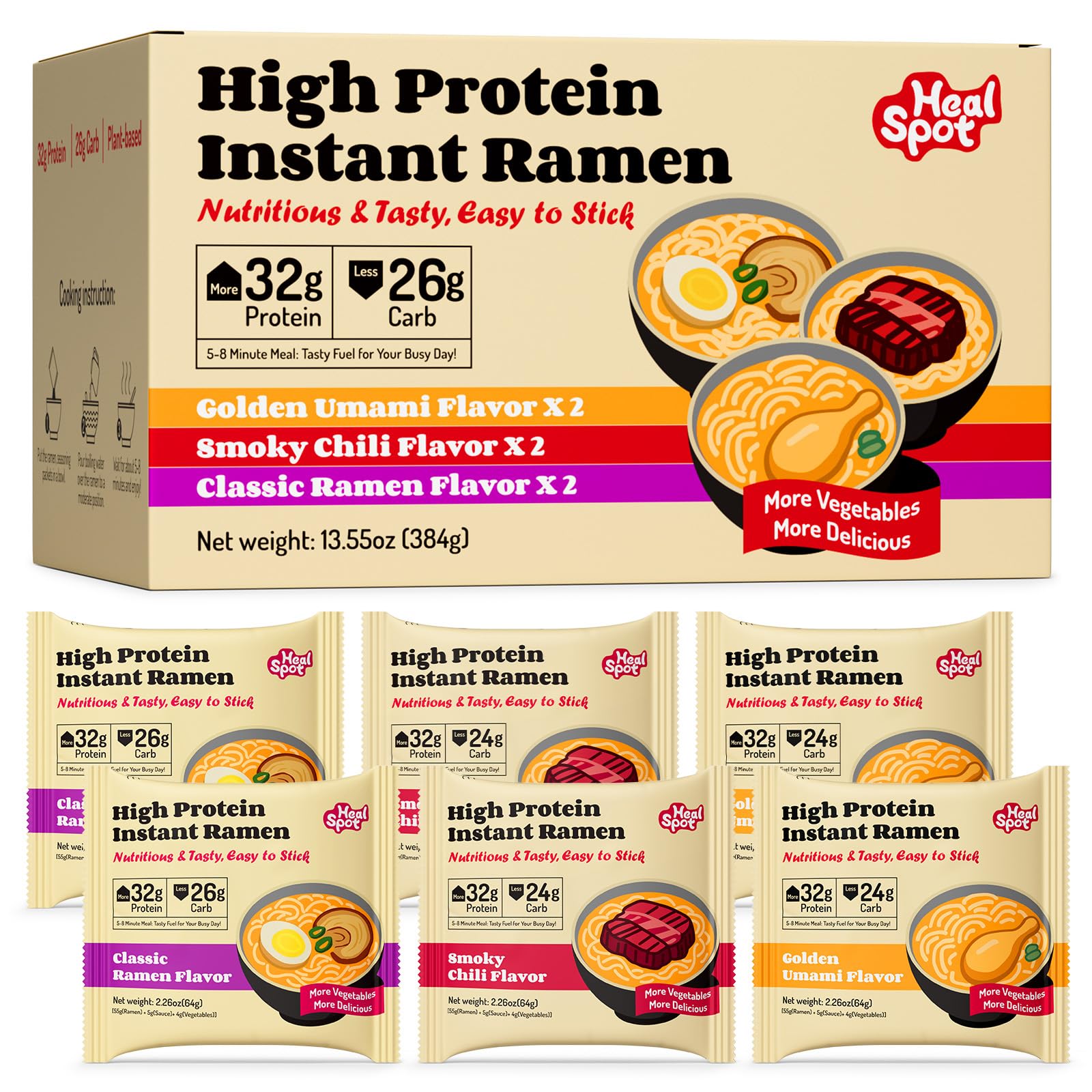 Healspot high protein ramen variety pack on display for busy meals