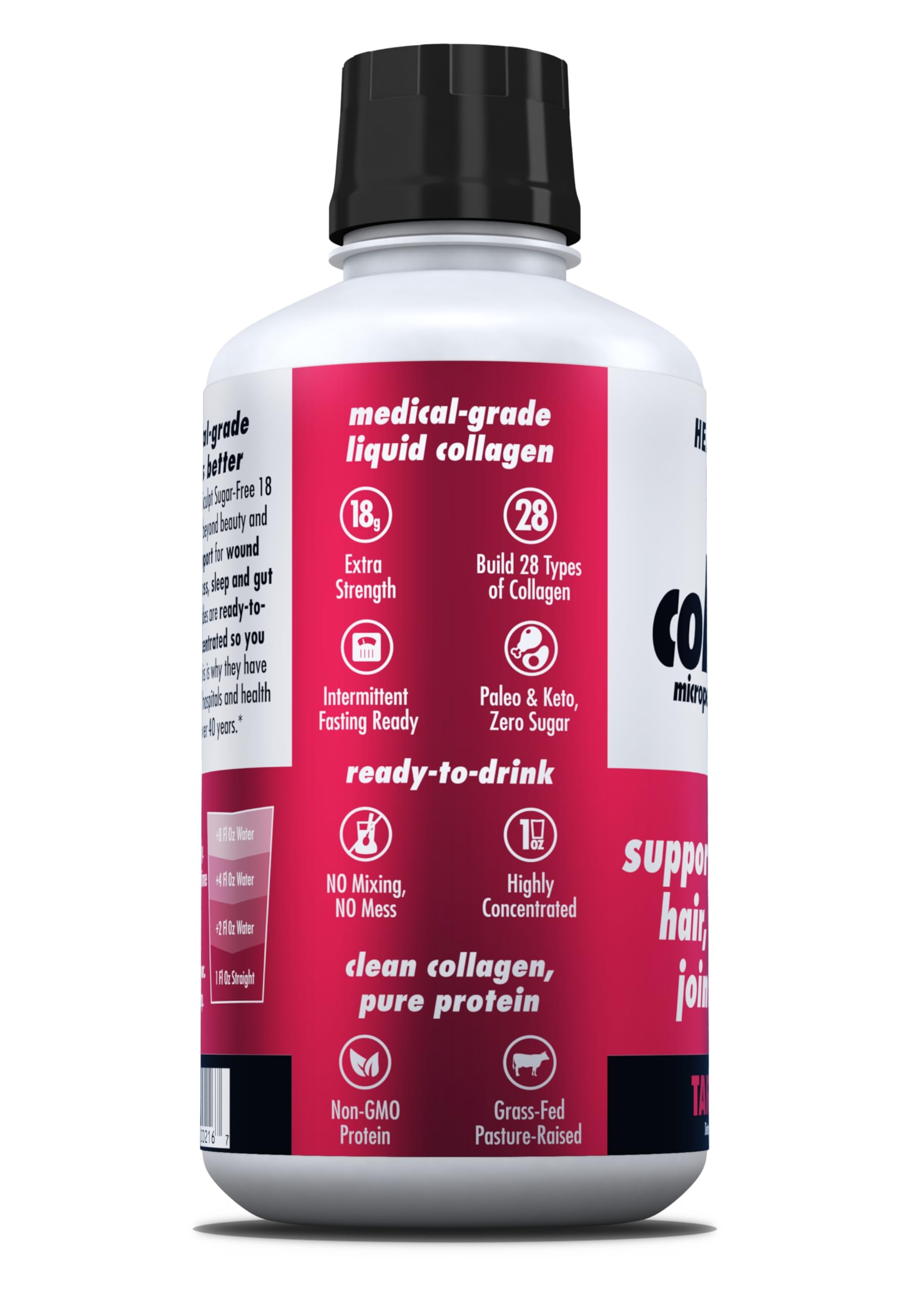 Serving cup shows 1 oz measurement for precise daily dose