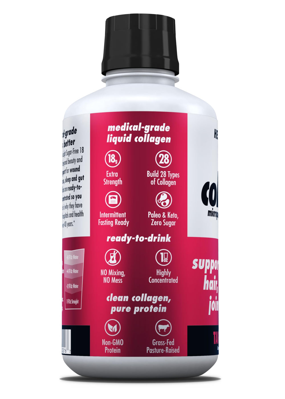 Serving cup shows 1 oz measurement for precise daily dose