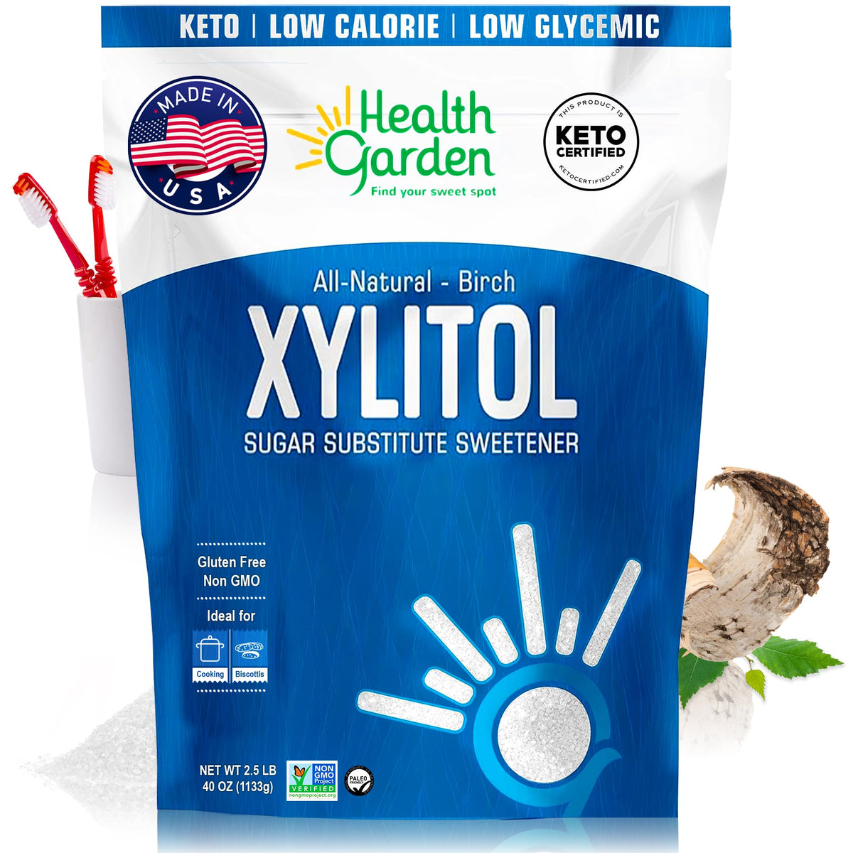 Health Garden Birch Xylitol bag 40 oz ready for 1:1 sugar replacement in recipes.