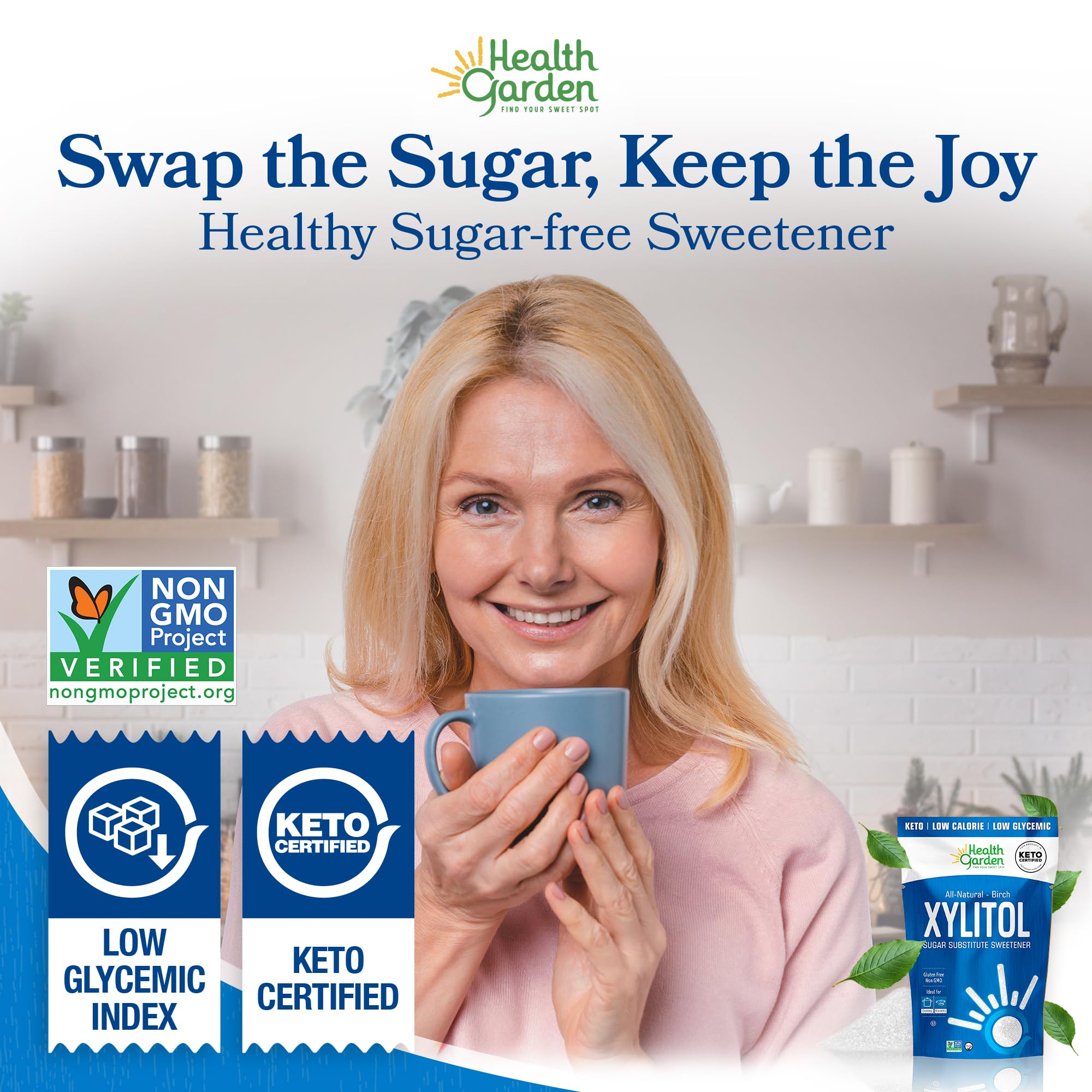 Health Garden Birch Xylitol dissolving in coffee cup for smooth sweetness.