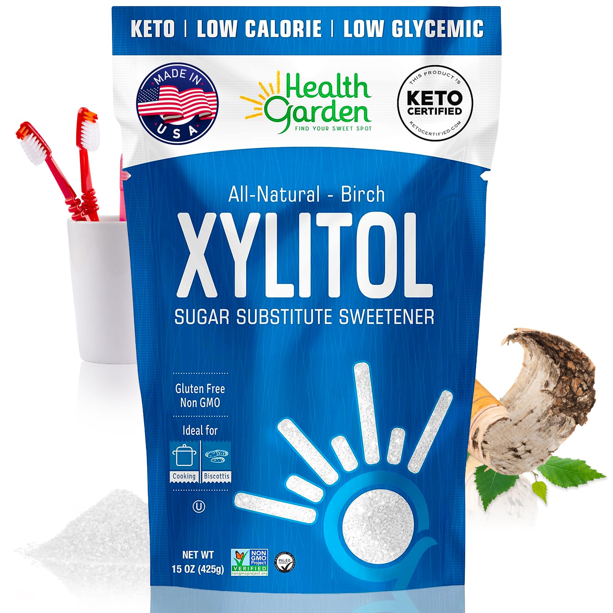 Health Garden Birch Xylitol Sweetener bag demonstrates a kitchen-friendly baking substitute.
