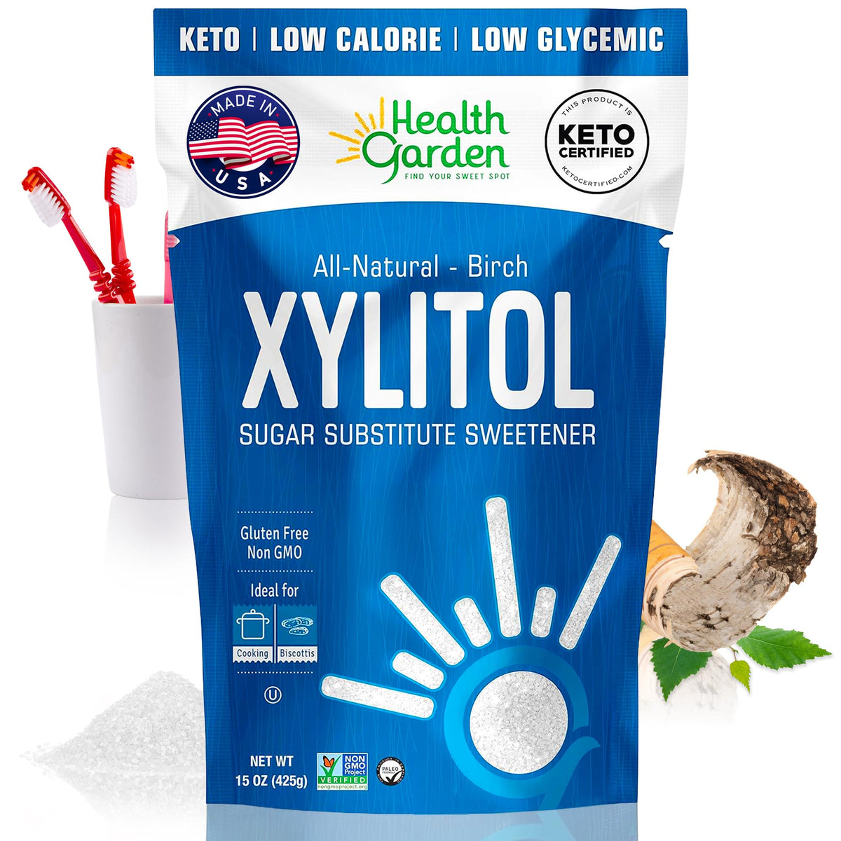 Health Garden Birch Xylitol Sweetener bag demonstrates a kitchen-friendly baking substitute.