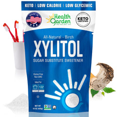 Health Garden Birch Xylitol Sweetener bag demonstrates a kitchen-friendly baking substitute.