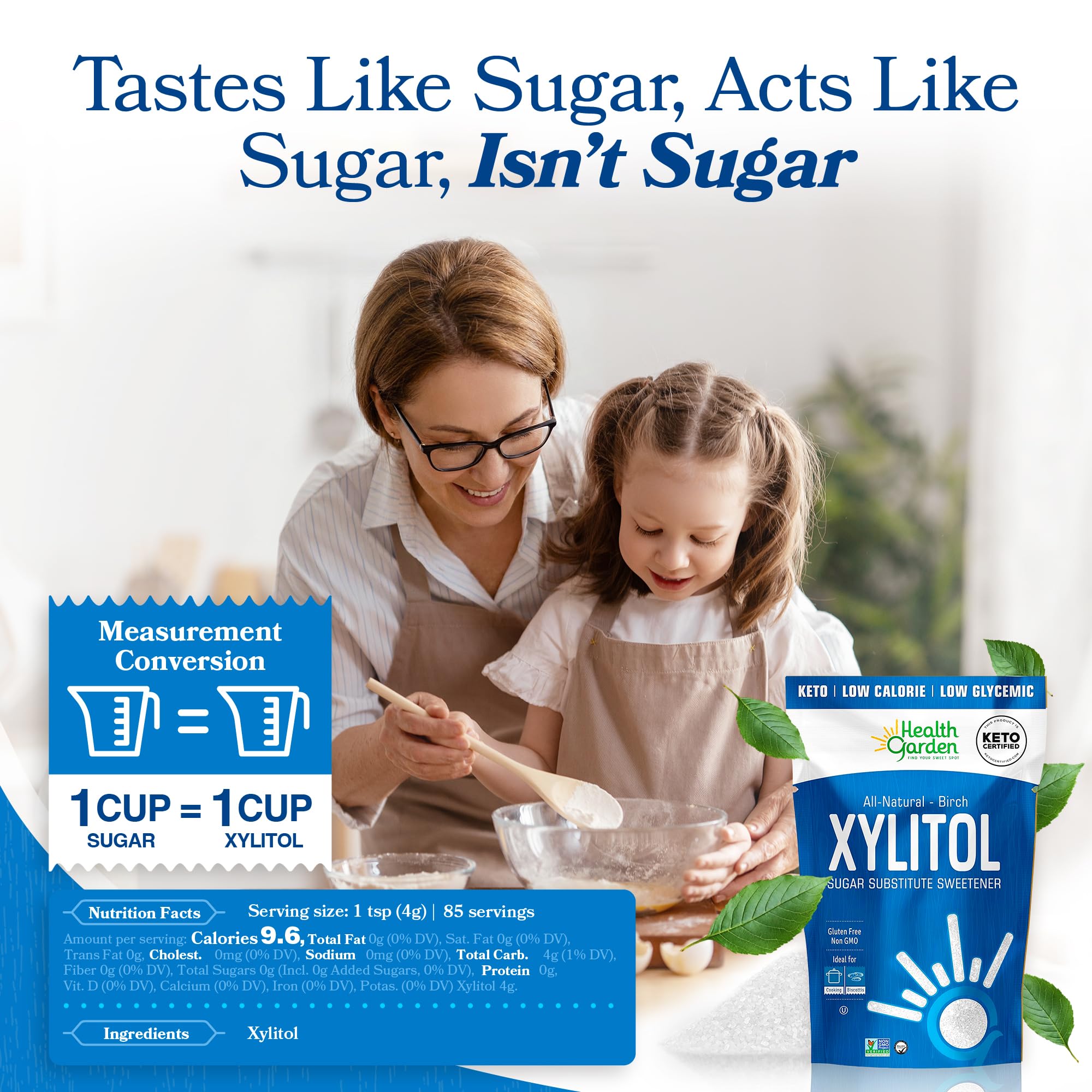 Health Garden Birch Xylitol Sweetener cup dissolves easily in coffee for smooth sweetness.