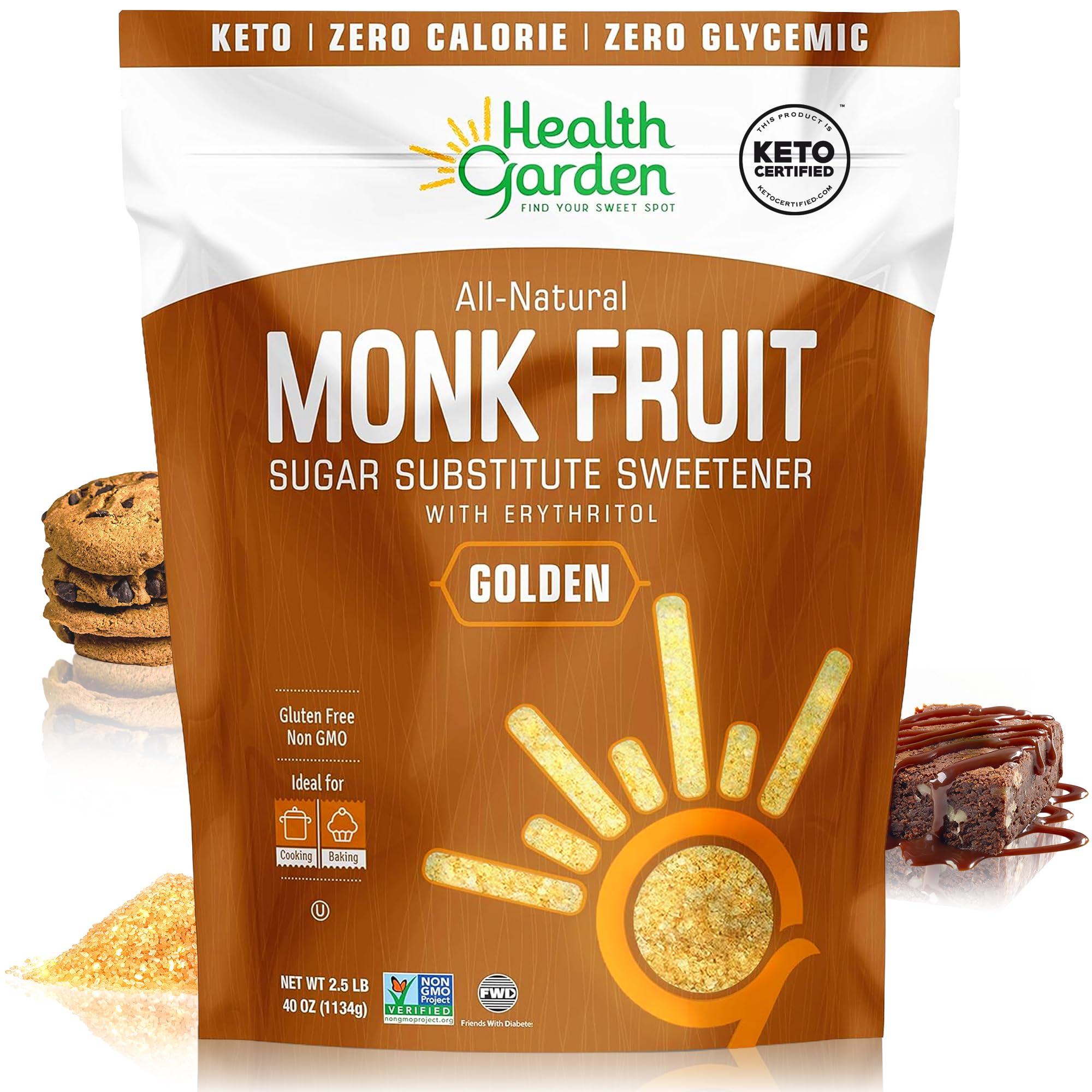 Health Garden Monk Fruit Sweetener Golden 2.5lb bag ideal for 1:1 sugar substitution in baking.