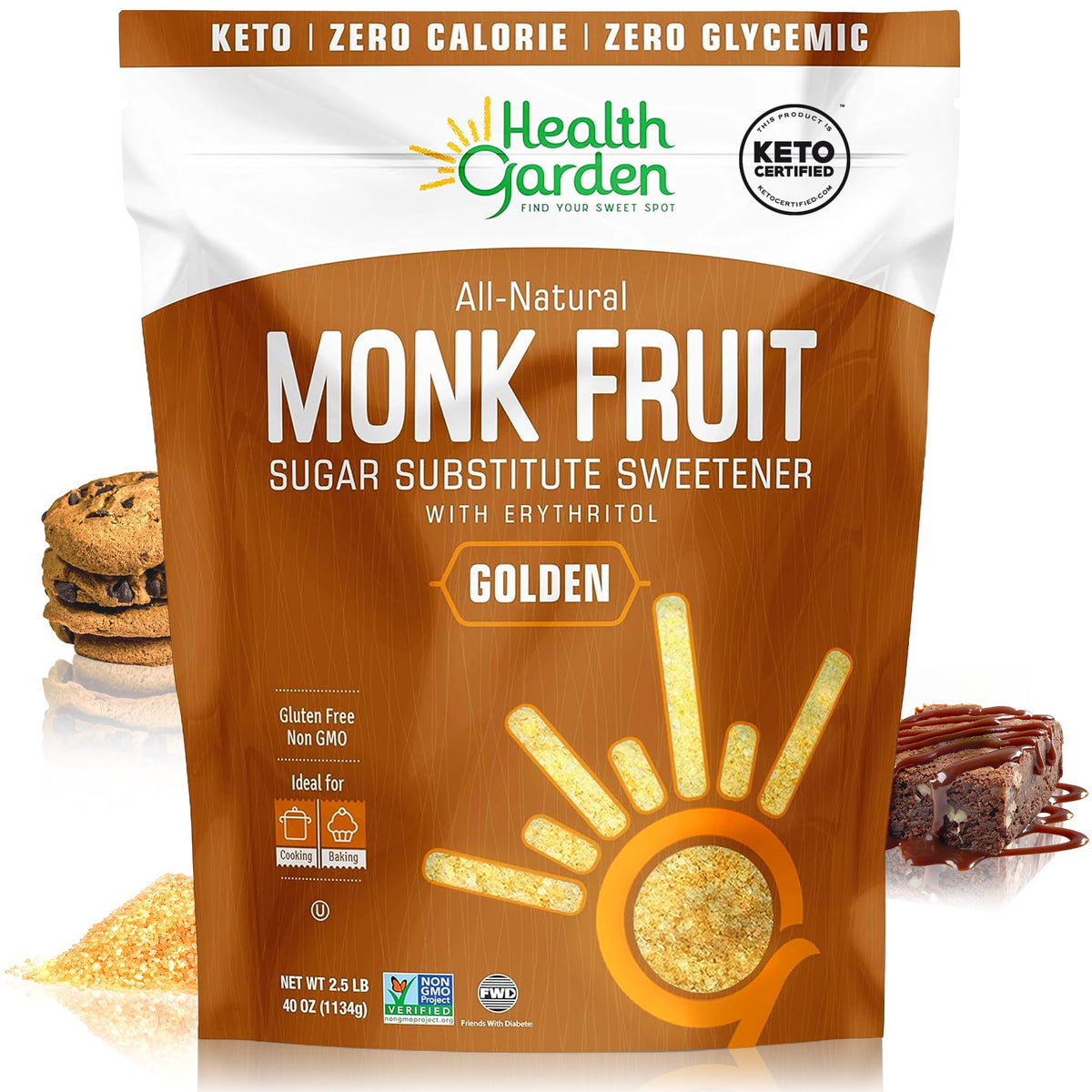Health Garden Monk Fruit Sweetener Golden 2.5lb bag ideal for 1:1 sugar substitution in baking.
