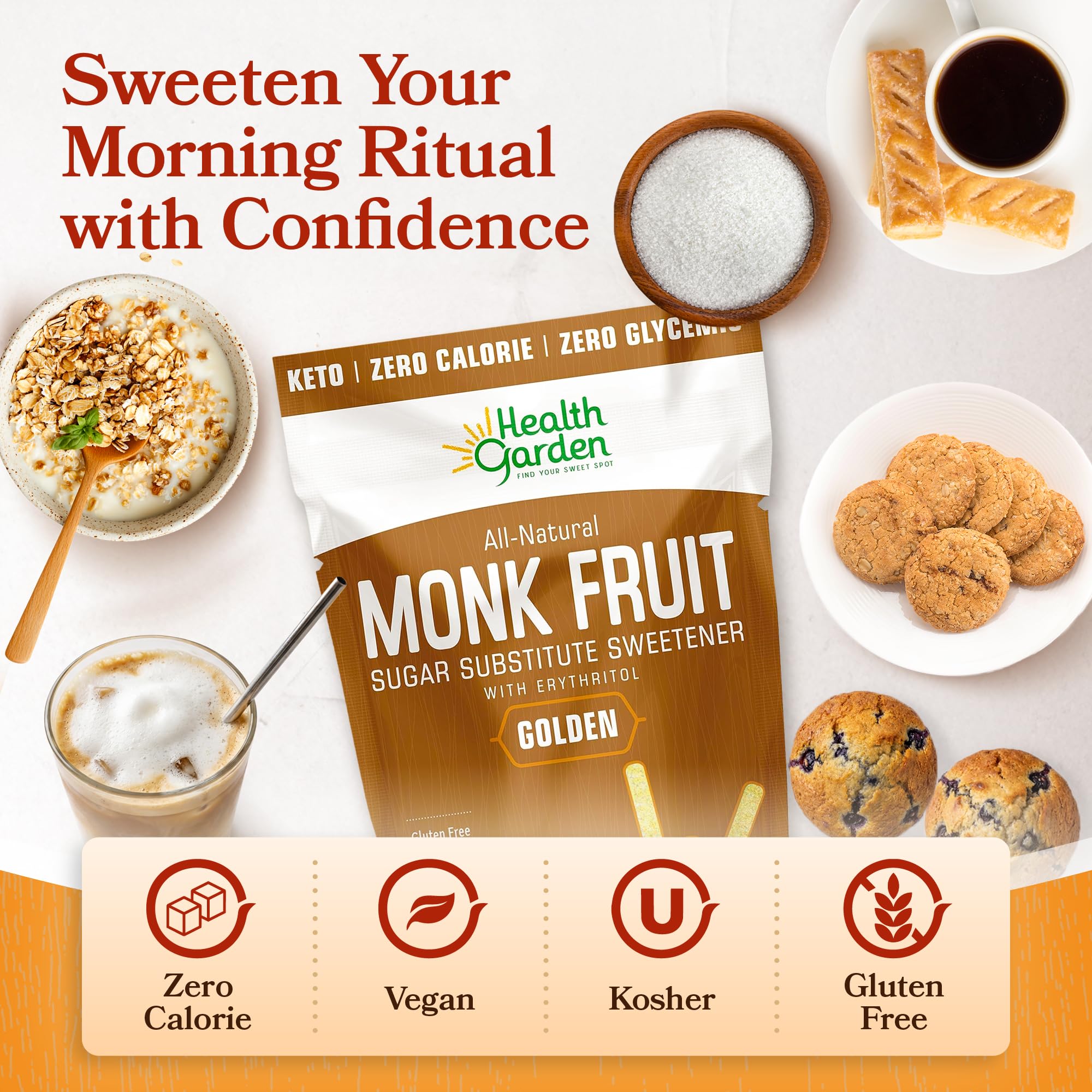 Health Garden Monk Fruit Sweetener Golden resealable pack keeps freshness in the kitchen.
