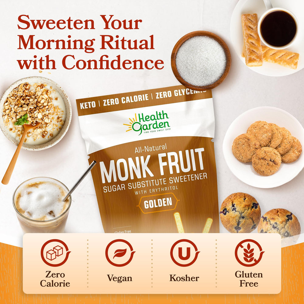 Health Garden Monk Fruit Sweetener Golden resealable pack keeps freshness in the kitchen.