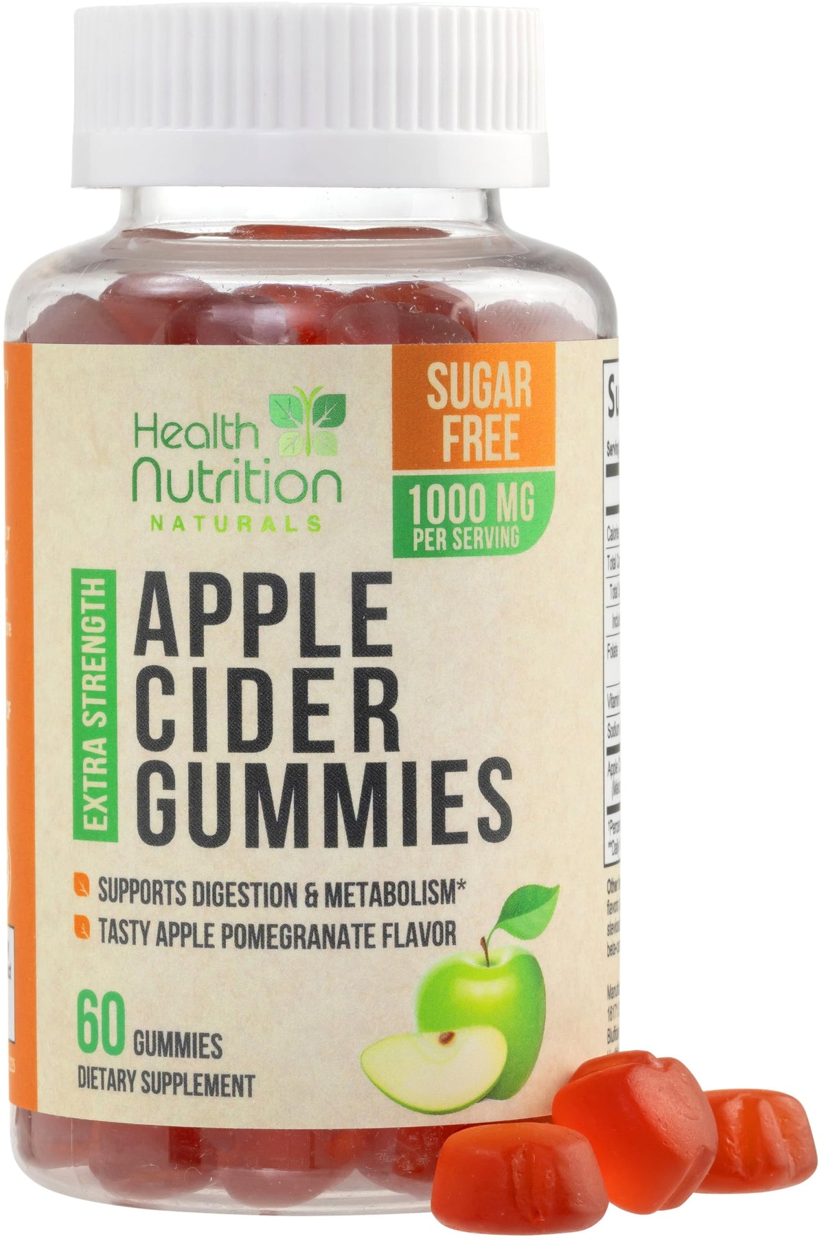 Health Nutrition Naturals ACV gummies bottle showing 1000mg per serving for metabolism support