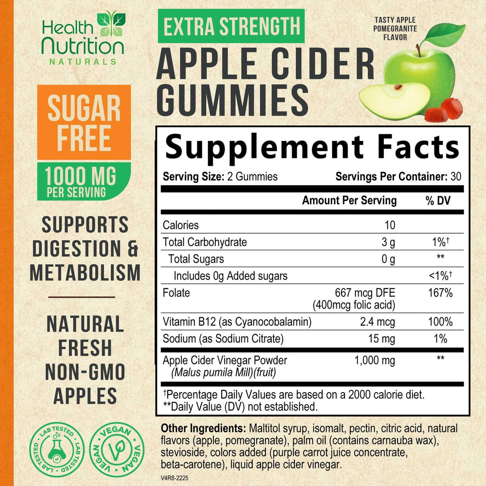 Close-up of Health Nutrition Naturals ACV gummy highlighting sugar free vegan formula