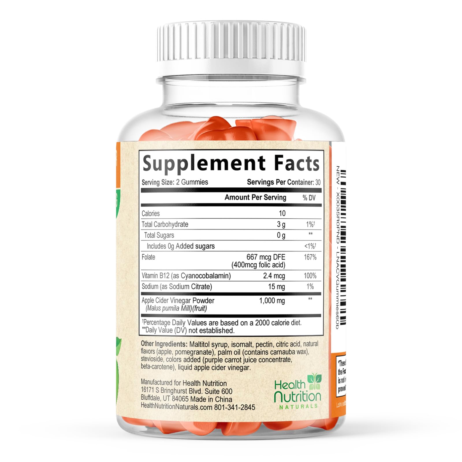 Health Nutrition Naturals ACV Gummies bottle showing 60 gummies for monthly use