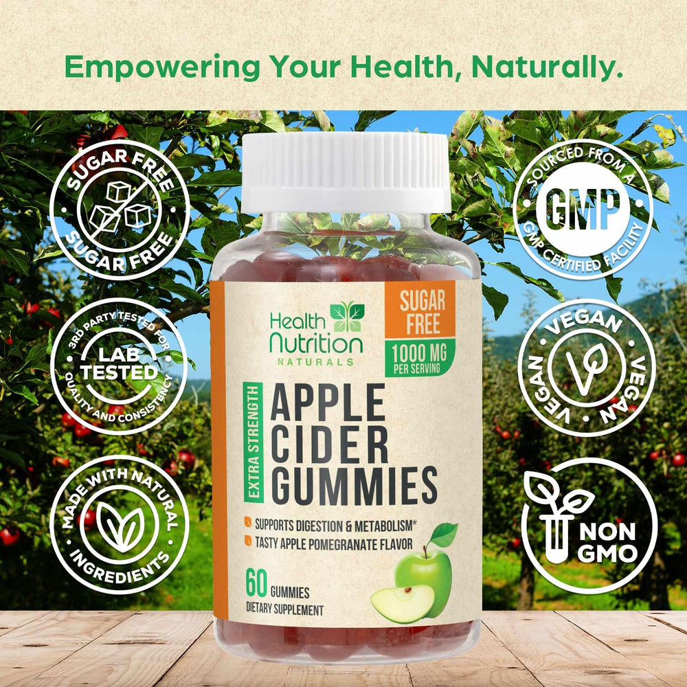 Health Nutrition Naturals Apple Cider Vinegar Gummies label displaying 1000mg per serving and Vitamin B12
