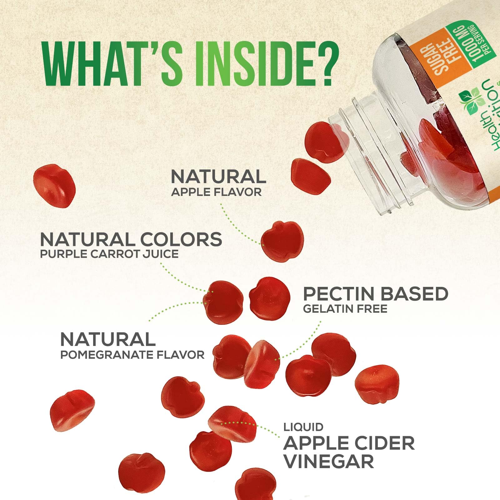 Health Nutrition Naturals ACV Gummies bottle featuring Mother of Vinegar for authentic taste