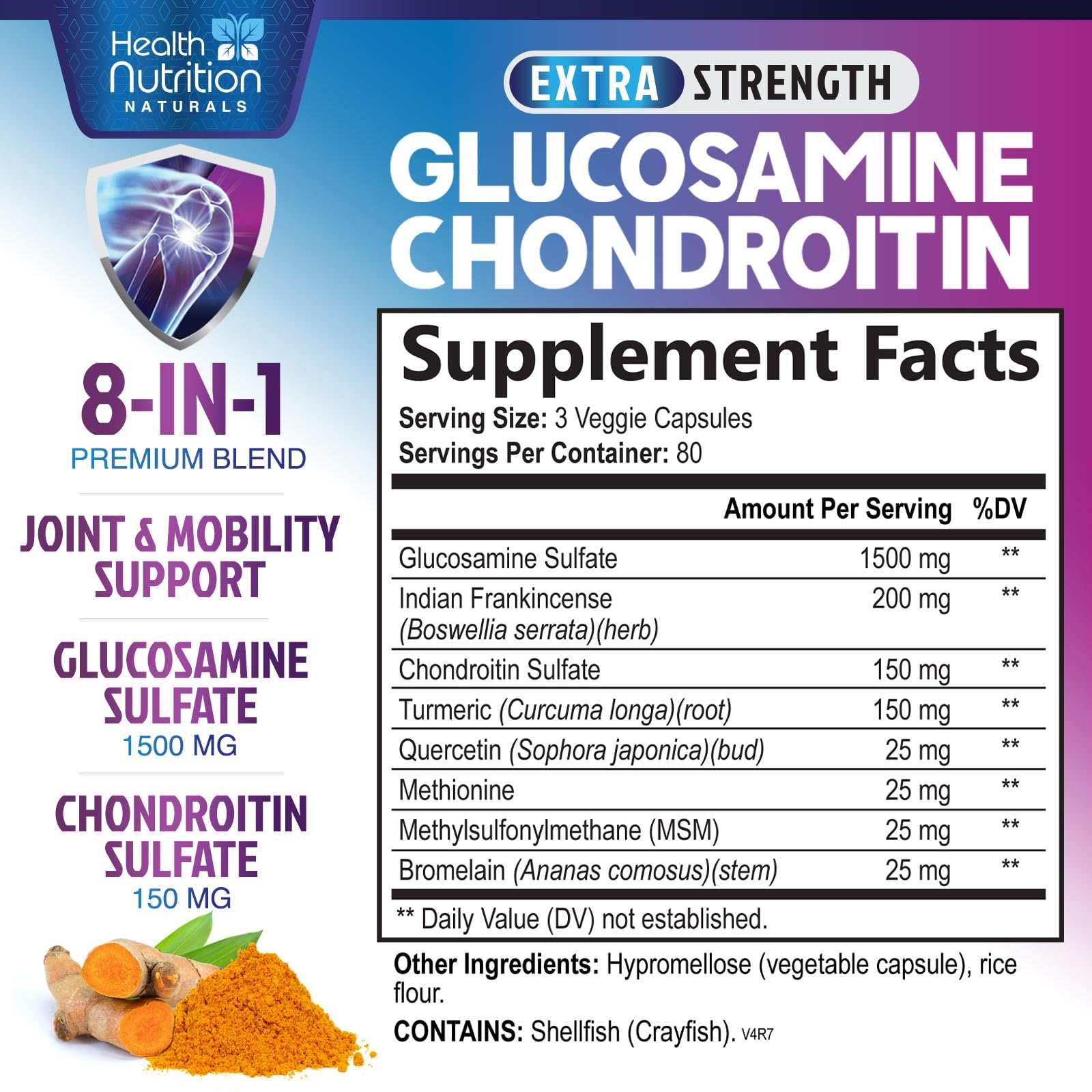Health Nutrition Naturals label closeup highlights turmeric and boswellia for mobility support.