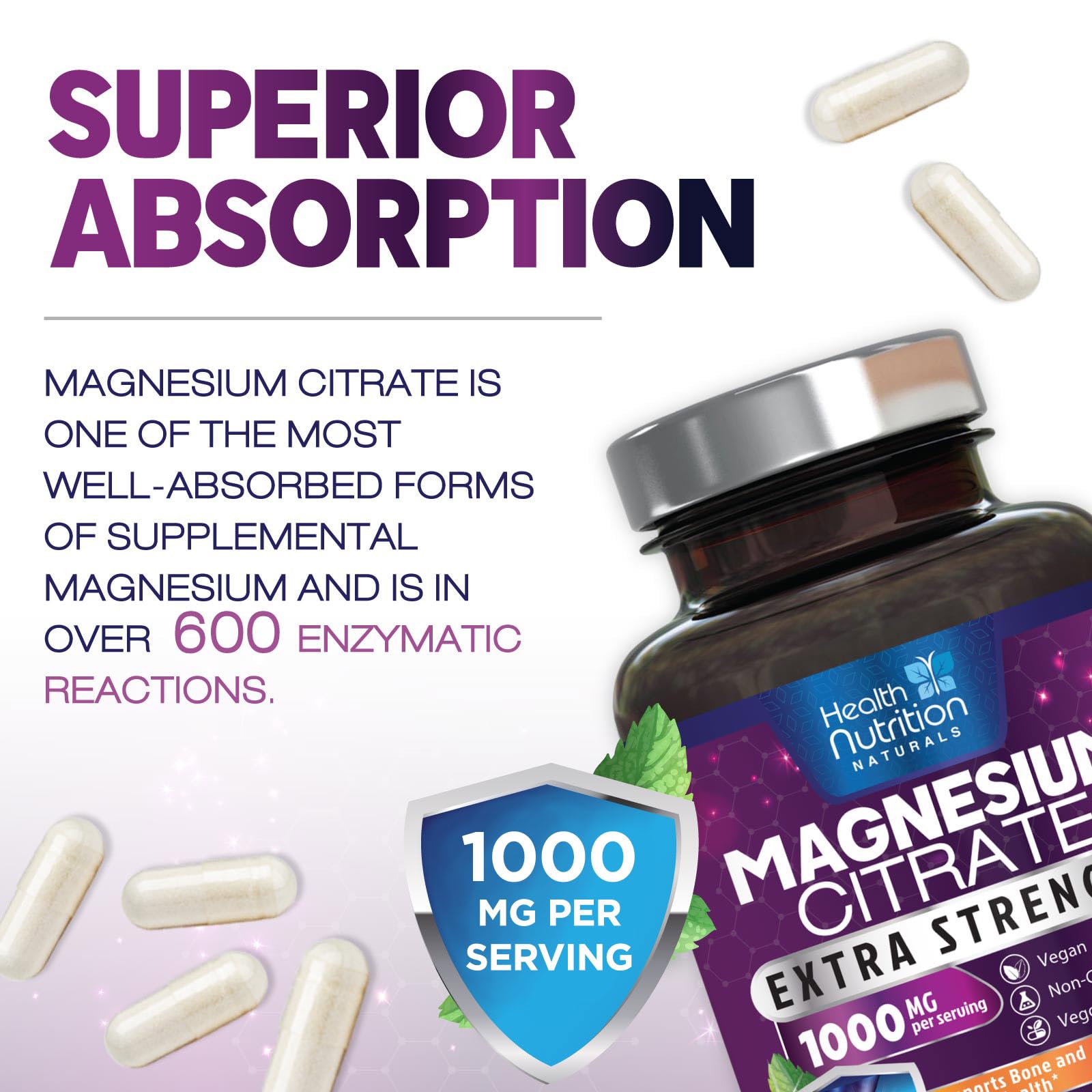 Health Nutrition Naturals magnesium citrate capsule beside a glass for daily use.