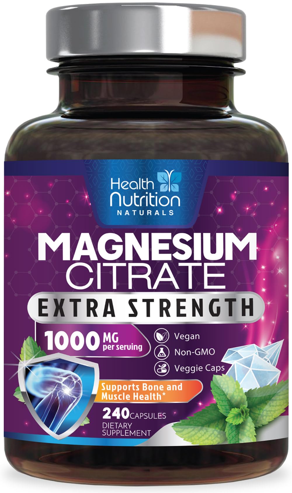 Health Nutrition Naturals magnesium citrate capsules in bottle for high absorption.