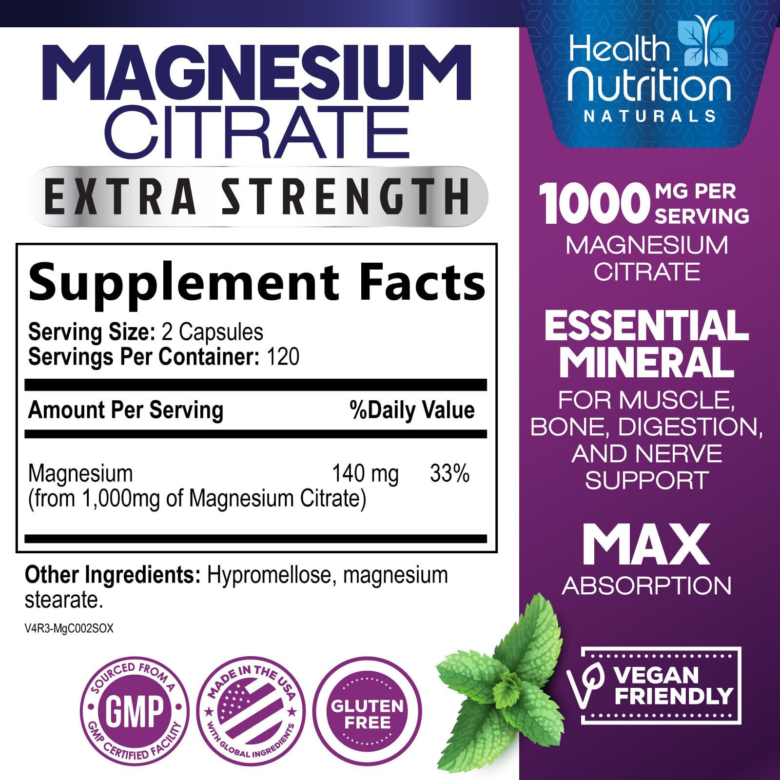 Close-up of Health Nutrition Naturals magnesium citrate capsules.