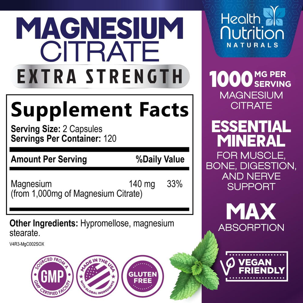 Close-up of Health Nutrition Naturals magnesium citrate capsules.