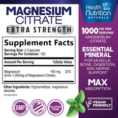 Close-up of Health Nutrition Naturals magnesium citrate capsules.