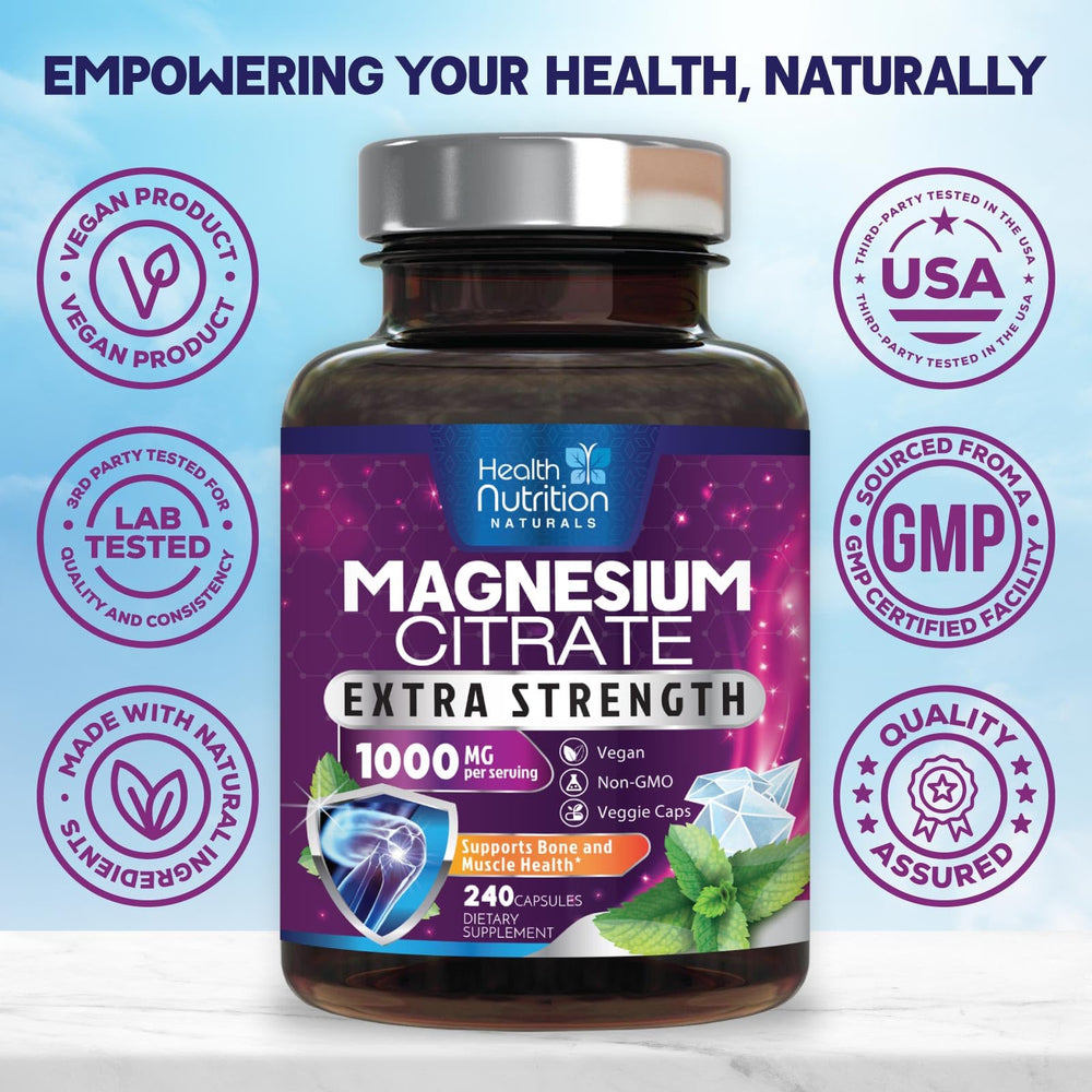 Health Nutrition Naturals magnesium citrate dissolves easily in water for quick intake.