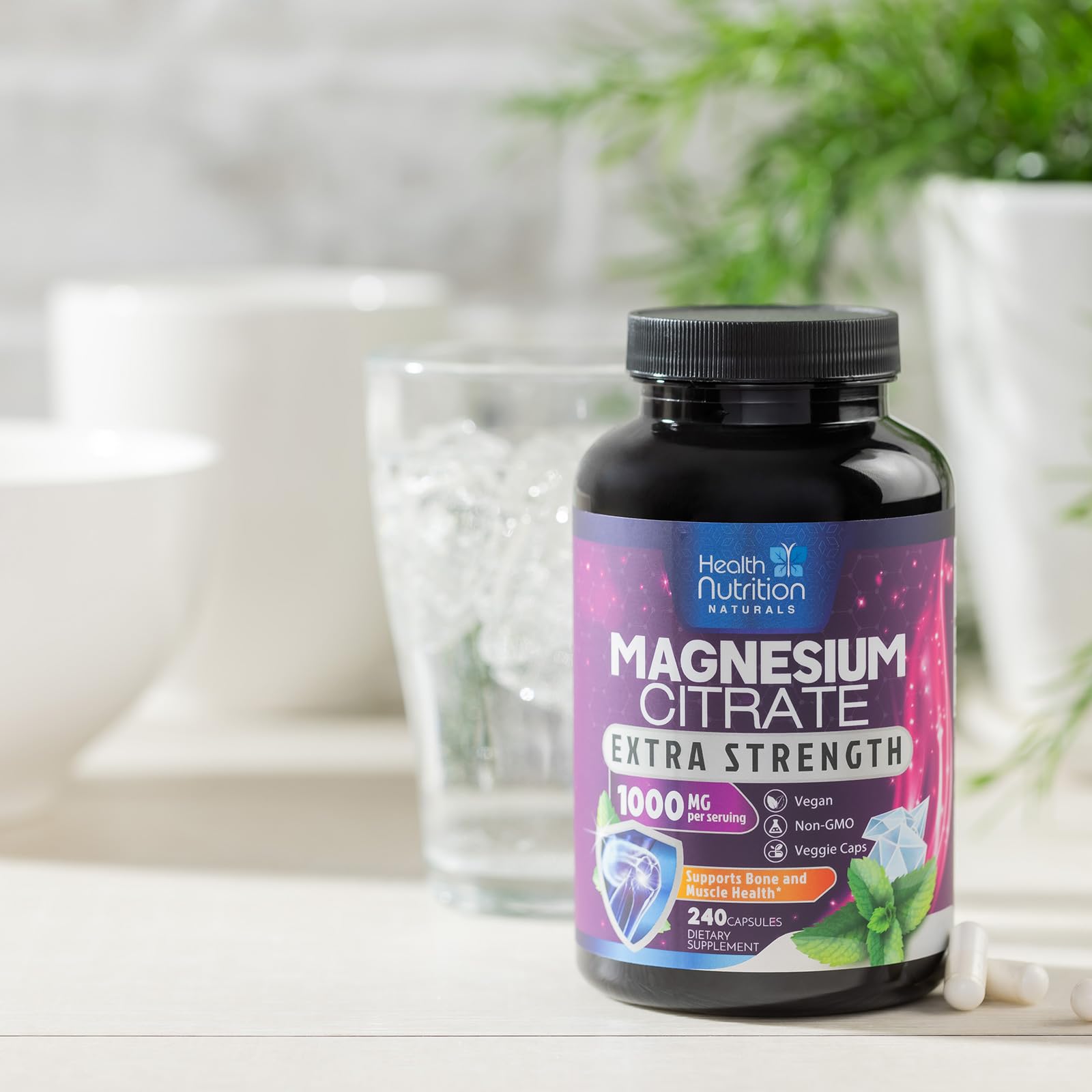 Person taking Health Nutrition Naturals magnesium citrate capsule for daily wellness.