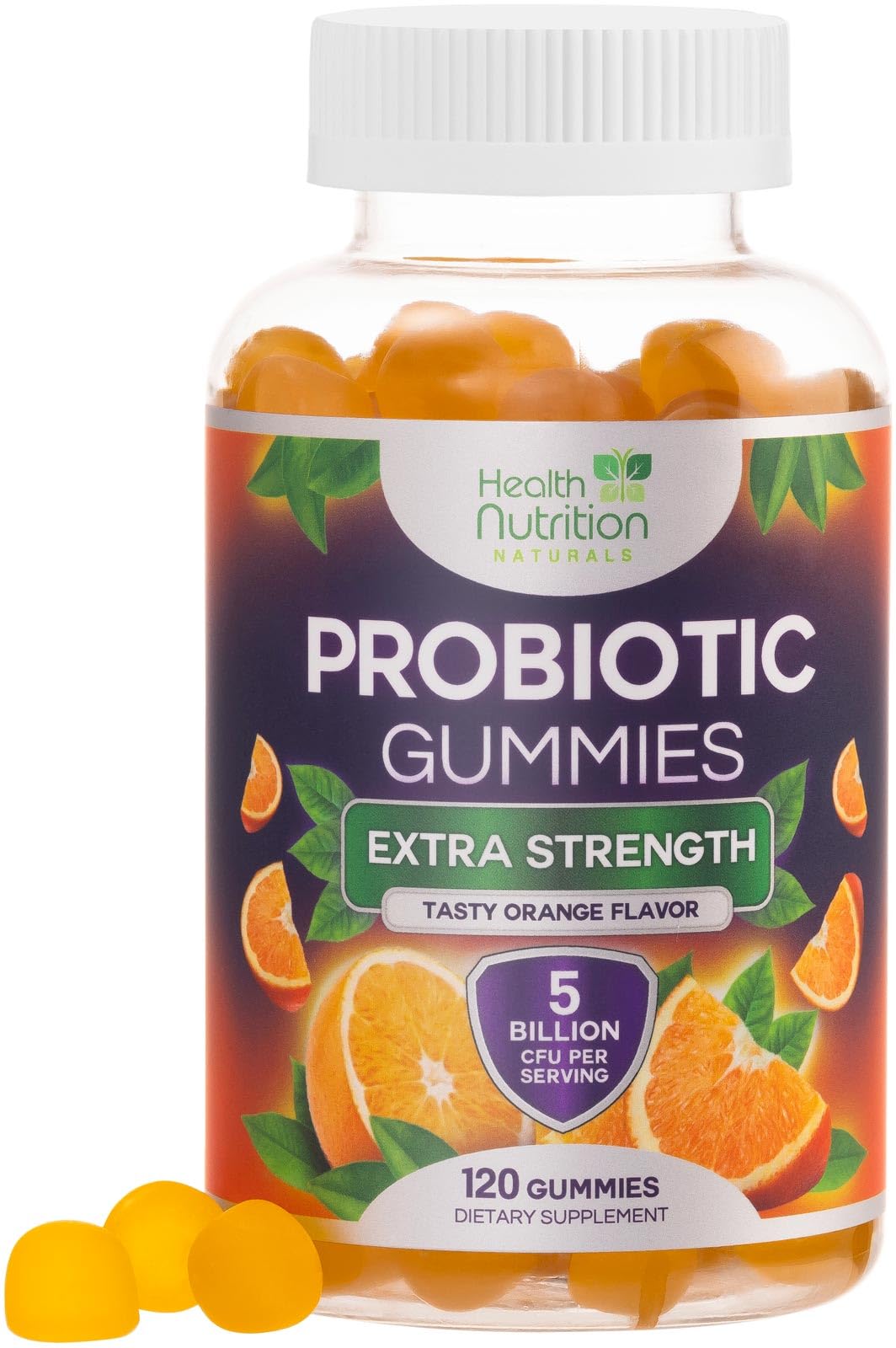 Health Nutrition Naturals Probiotic Gummies bottle closeup for daily digestive support.