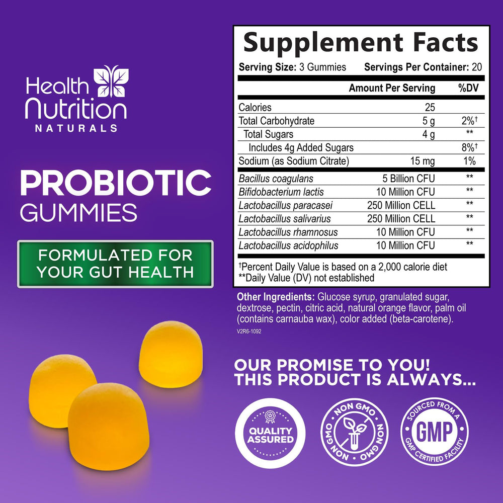 Health Nutrition Naturals probiotic gummies closeup shows soft, easy-to-chew gummies.
