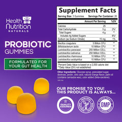 Health Nutrition Naturals probiotic gummies closeup shows soft, easy-to-chew gummies.