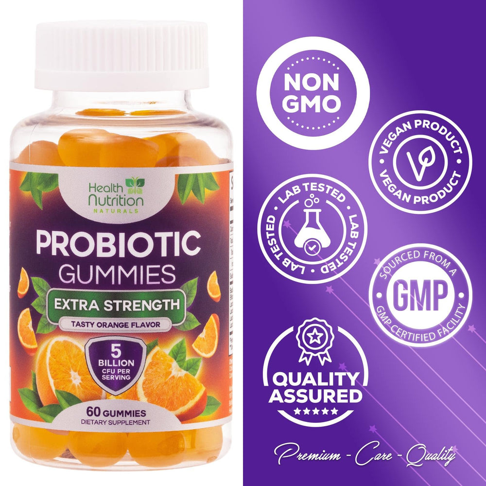 Health Nutrition Naturals probiotic gummies daily-use image showcases vegan, non-GMO formula.
