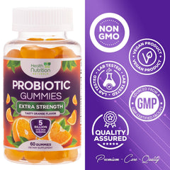 Health Nutrition Naturals probiotic gummies daily-use image showcases vegan, non-GMO formula.