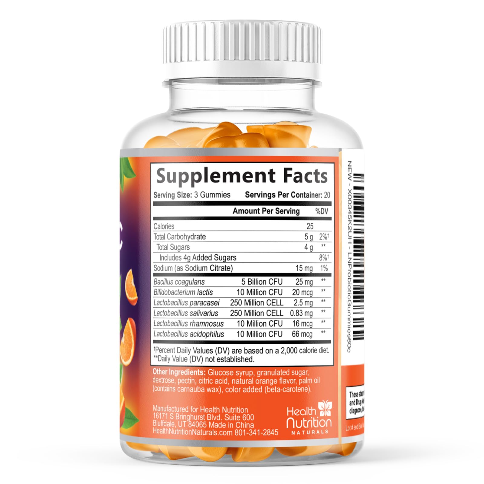 Health Nutrition Naturals probiotic gummies digest blend with Bacillus and Lactobacillus.