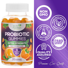 Health Nutrition Naturals Probiotic Gummies in a bowl ready for daily use.